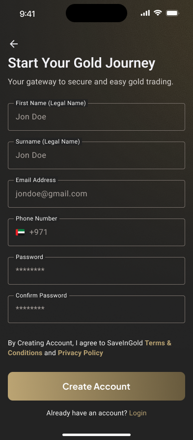 Screenshot of the redesigned SaveInGold registration flow, fully native and in-app, with branded UI and progressive disclosure replacing the external browser handoff.