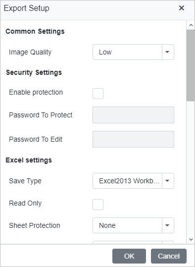 Export setup dialog