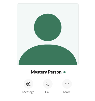 A screenshot from Slack to show a user called “Mystery Person” with no job title and no avatar or photograph