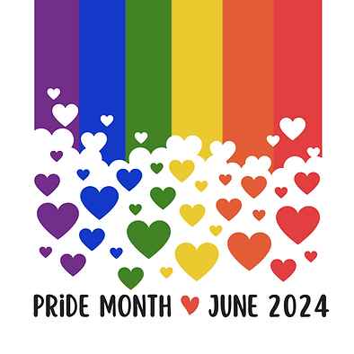 “Pride Month 2024" on a rainbow with rainbow hearts