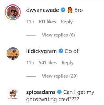 Screenshot of the Instagram comments section, featuring comments from Dwayne Wade, Lil Dicky, and Spice Adams.