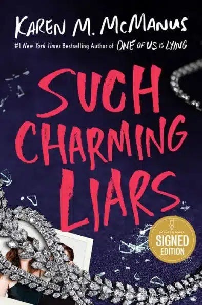Book cover of a diamond necklace covering up a photograph and bold red letters above.