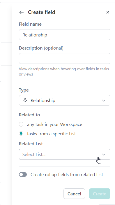 adding relationship type column in clickup