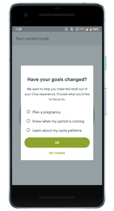 Mobile display of Clue App_Update Goals_User Survey