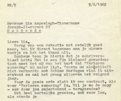 Brief van uitgever Bob van Kampen aan Lia Timmermans, 9 augustus 1962, over de roman Sabine Mardagas