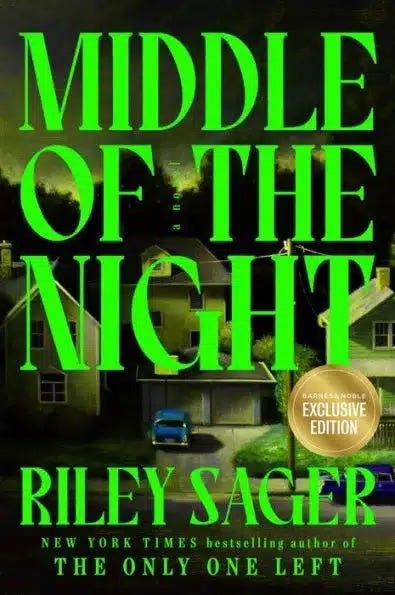 Book cover of a neighborhood at night with green letters on top.