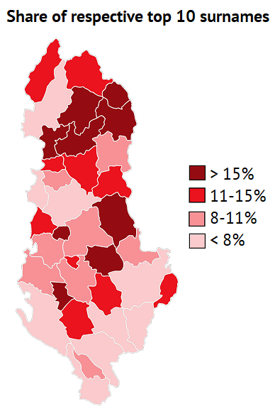 A map of the 36 former districts of Albania, classifying them into four categories by share of respective top 10 surnames.