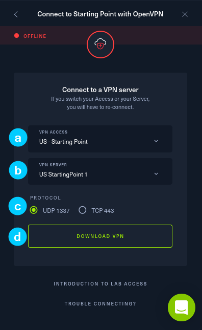 Screenshot of connecting to Starting Point using OpenVPN in Hack The Box website