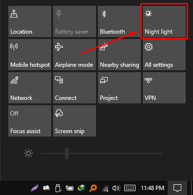 Night light in action centre on windows 10