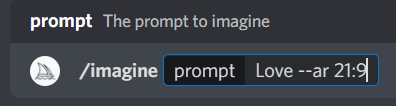 An image of the MidJourney prompt showing the /imagine command with the — ar 21:9 usage.