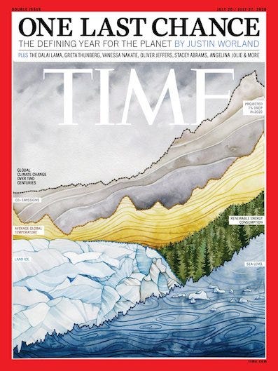 The TIME magazine cover created by Jill Pelto, which incorporates a variety of climate data graphs into natural landscapes.