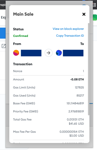 screenshot of metamask wallet extension showing completed transaction