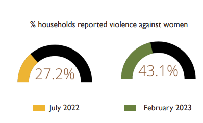 Two graphs show that in July 2022 27.2% of households reported violence again women. This was up to 43.1% in February 2023.