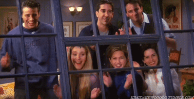 Joey, Ross, Chandler, Phoebe, Rachel and Monica laughing and looking out the window