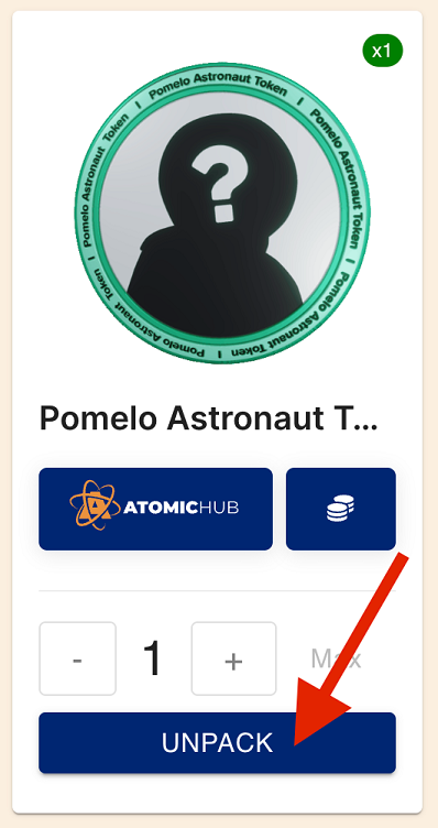 A screenshot of a snip from AtomicHub. It’s the Pomelo Astronaut Token. A red arrow is pointing to a large button with the word Unpack on it.