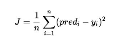 Cost function(J) of Linear Regression is the Root Mean Squared Error (RMSE) between predicted y value (pred) and true y value