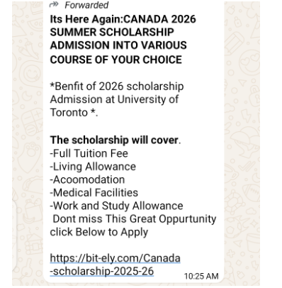A screenshot of the viral claim with a malicious link shared on WhatsApp
