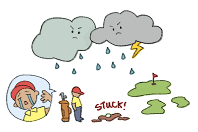 An illustration of a person with their golf ball stuck in the mud during a rainstorm.