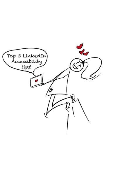 Stick figure Lilly jumping with joy holding her laptop talking about the Top 3 Accessibility Tips for social media