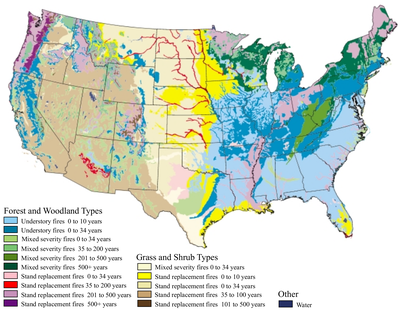 A map of the US, showing different colors to represent how often controlled burns were used.