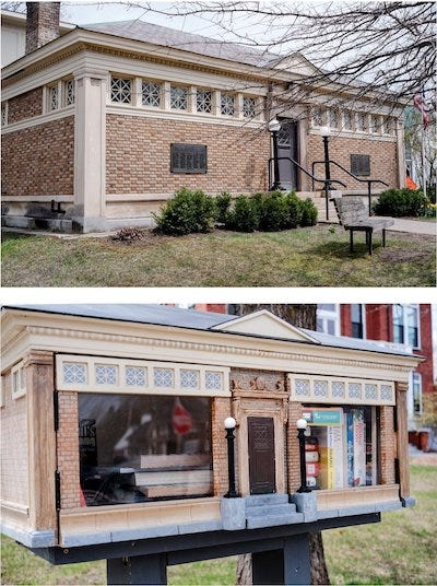 double image with a library on top and a smaller version of that library as a little free library below it.