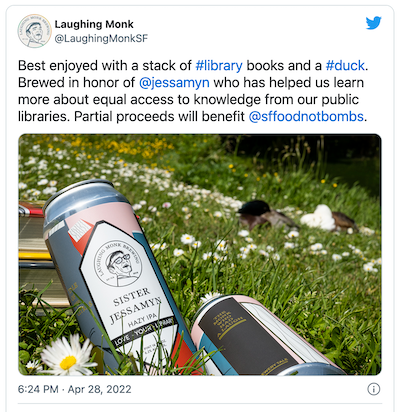 image of the tweet at the linked URL with a picture of the Sister Jessamyn beer in the tall grass with a duck in the background