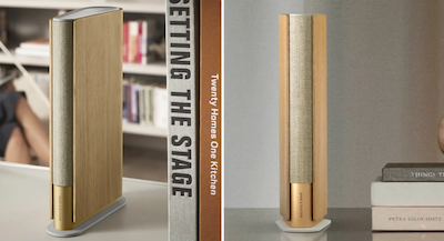 side by side images of this speaker which resembles a book standing on its edge with the pages slightly spread out. Also it costs $900.