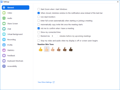 The preferences interface from Zoom’s native app, with over 65 individual settings.