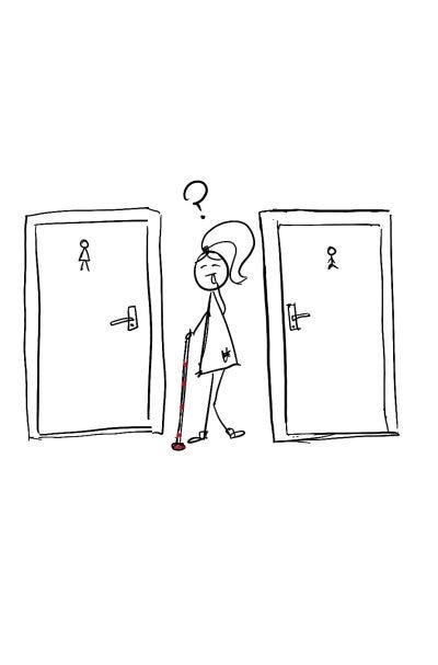 Stick figure Lilly standing between two toilets wondering about accessibility