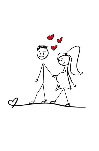 Two stick figures, a man and a woman, they’re pregnant and holding hands.