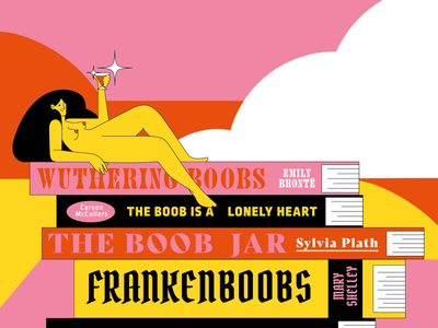 Illustration of a naked woman holding a glass of drink, she is lying on top of a pile of books bigger than her.