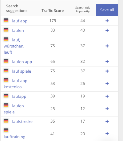 German Search Suggestions App Store, ASOdesk