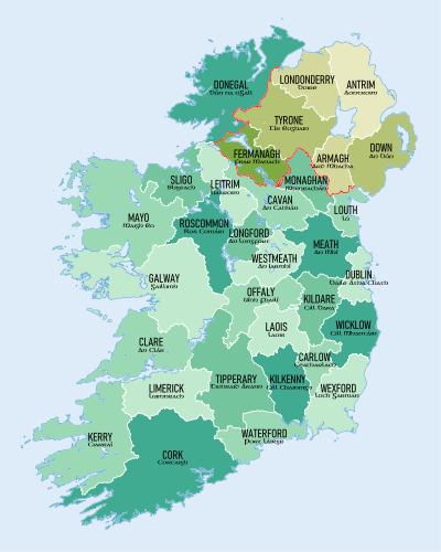 A map of Ireland, showing each county and the border between the Republic and Northern Ireland