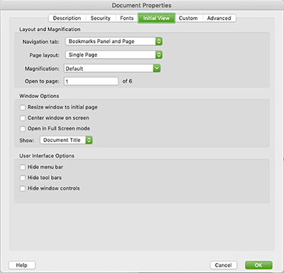 Dialog box for adding bookmarks in a PDF file.