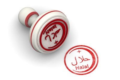 Red seal and imprint "HALAL" on white surface