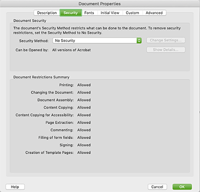 Dialog box for adding security setting in a PDF file.