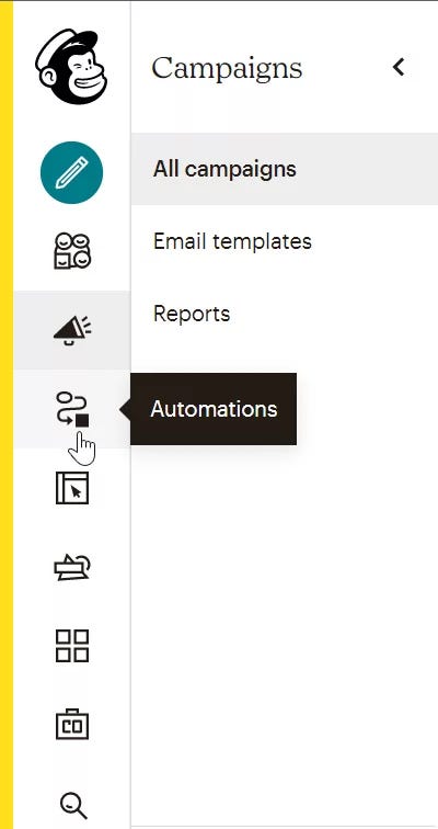 A screenshot showing where to find Automations in Mailchimp.