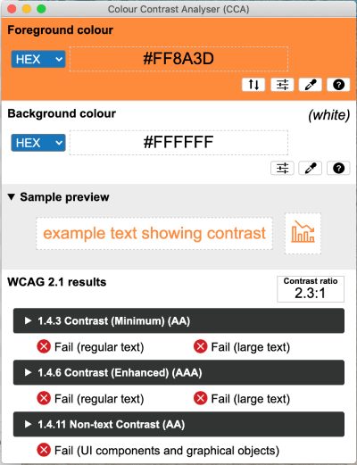 TGPi Colour Contrast Analyser dialog box.