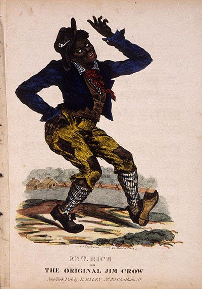 Ilustração do Jim Crow — Homem de “pele” preta, usa chapéu, blazer azul, camisa marrom e gravata vermelha, calca amarela e sapatos.