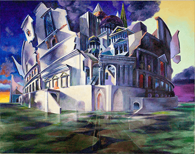 Painting of a castle-type structure what is broken open at the top with a bluish-purple sky above.