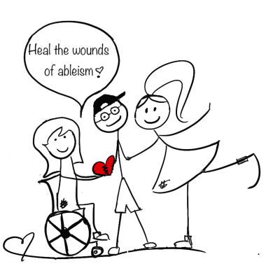 A speech bubble with the text, ‘Heal the wounds of ableism’. Three stick figures holding hands. Lilly wearing a prosthetic leg, a boy with glasses, and a girl using a wheelchair, all holding a heart.