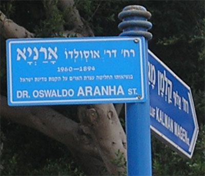 A imagem apresenta duas placas de rua azuis em Israel, posicionadas contra o fundo de um tronco de árvore. A placa superior exibe o nome em inglês “Dr. Oswaldo Aranha”.