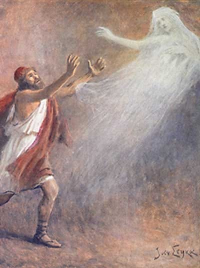A painting of the Greek hero Odysseus in a white toga and red cloak reaching for a ghost