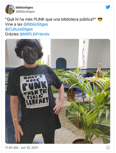 Tweet which is available at the link, featuring a person in dark glasses, a black mask, a black skirt wearing one of the t-shirts.