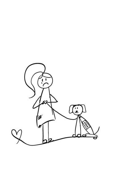 Stick figure Lilly standing with a sad with her assistance dog next to her.