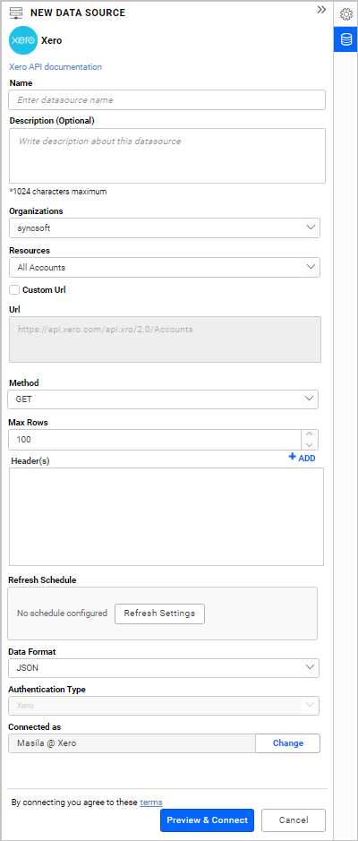 Xero Data Connection Panel