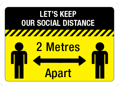 A black and yellow safety sticker showing 2 stick figures standing 2 metres apart
