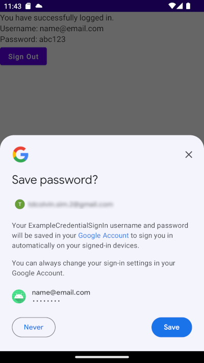 Screenshot showing the Save password? dialog in an Android app