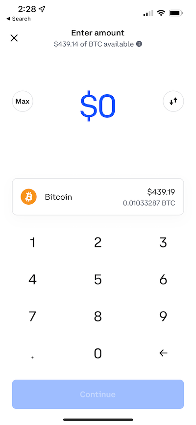 Screenshot of Coinbase app showing the send money screen