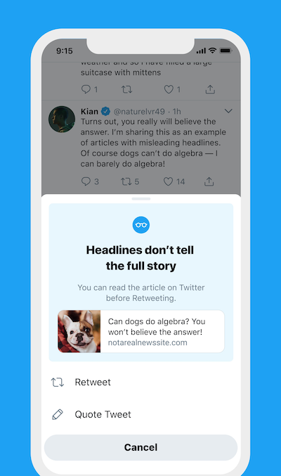 Screenshot of Twitter UI showing a dialog that reads “Headlines don’t tell the full story. You can read the article on Twitter before Retweeting”